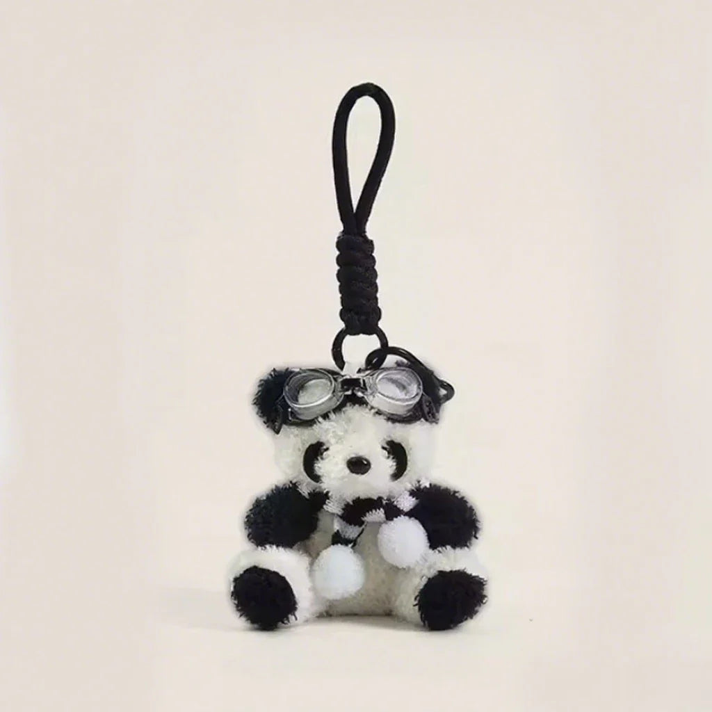 Plush panda keychain with black-white scarf & space goggles