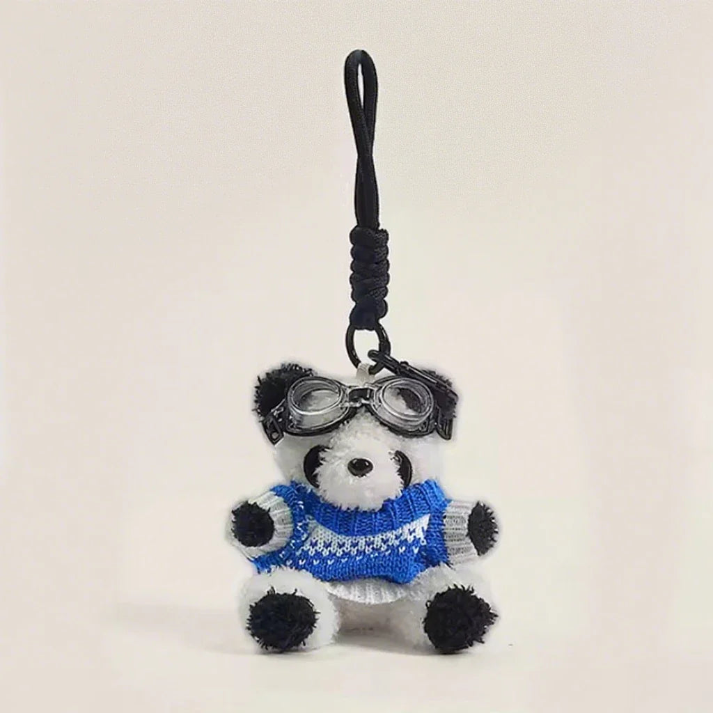 Plush panda keychain with blue houndstooth sweater