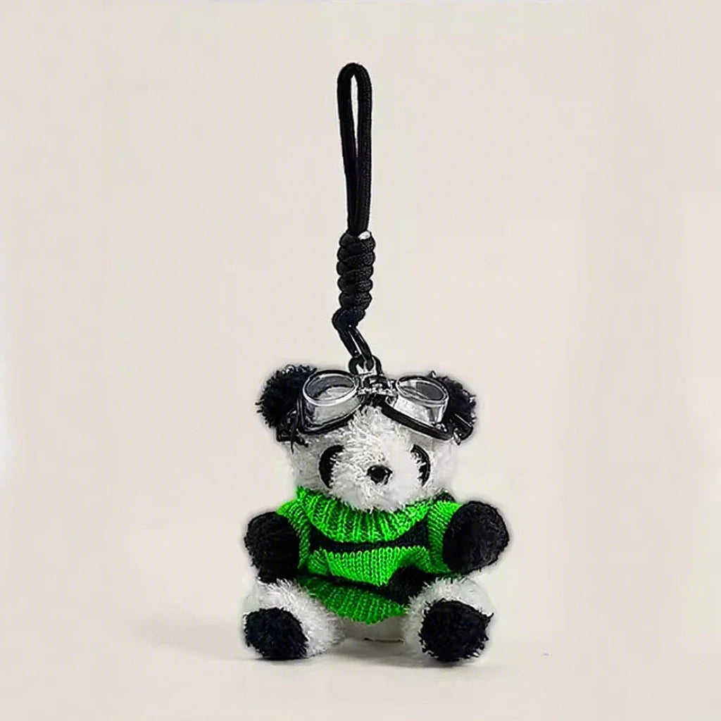 Plush panda keychain with green-black sweater